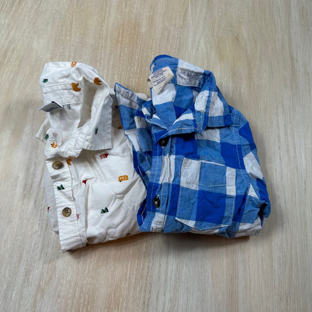 2 Piece Lot Bundle of Boys Blue White Kids Casual Button Down Dress Shirts 4T
